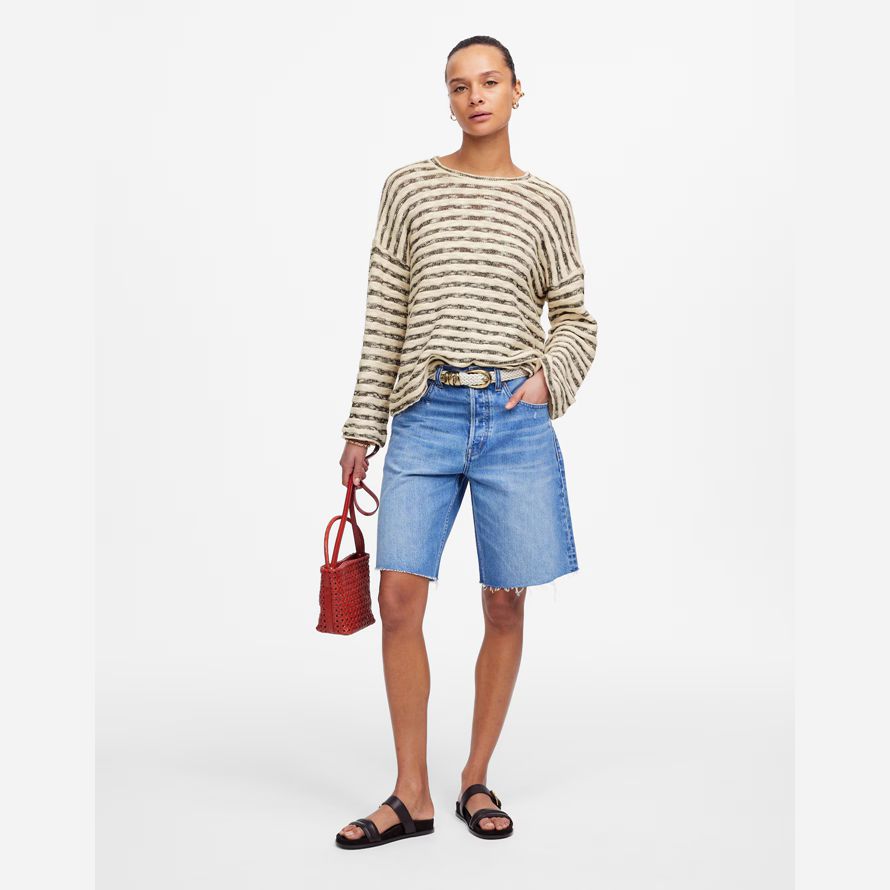 cream dark brown womens madewell crewneck long-sleeve knit t-shirts