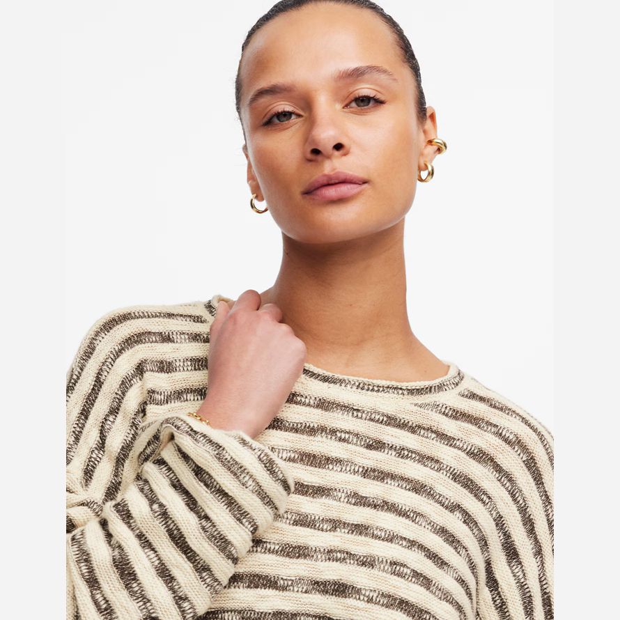 cream dark brown womens madewell crewneck long-sleeve knit t-shirts
