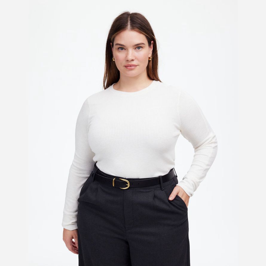 white womens madewell plus ribbed crewneck long-sleeve t-shirts