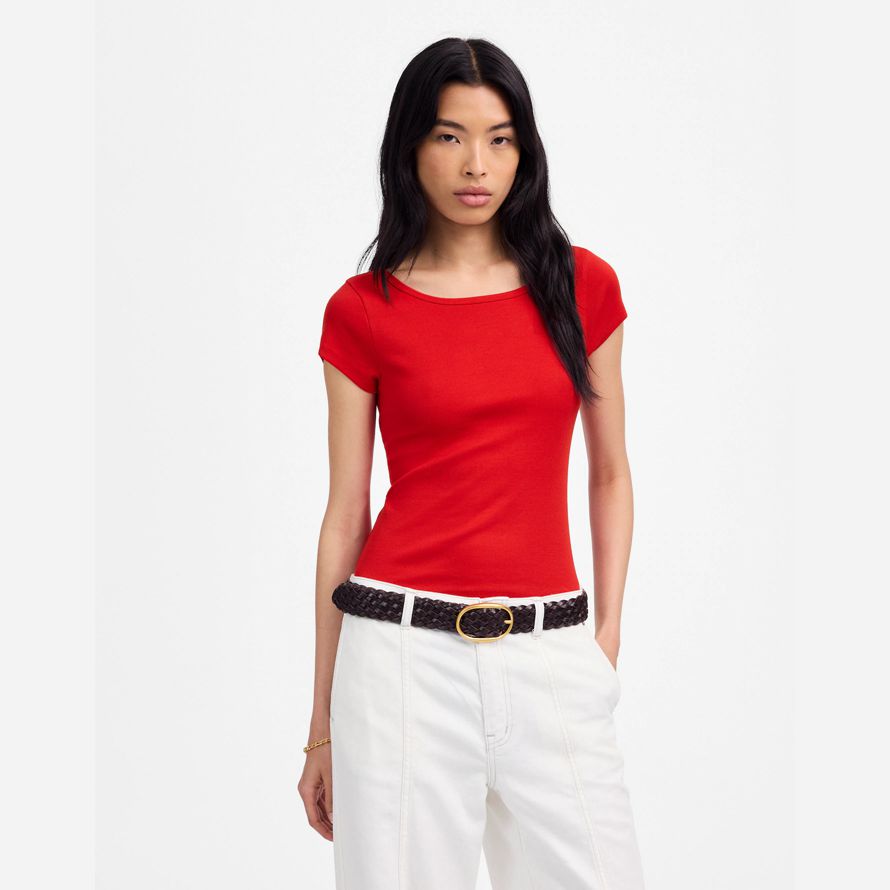 red womens madewell regenerative cotton ribbed cap-sleeve t-shirts
