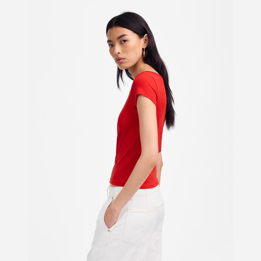 red womens madewell regenerative cotton ribbed cap-sleeve t-shirts