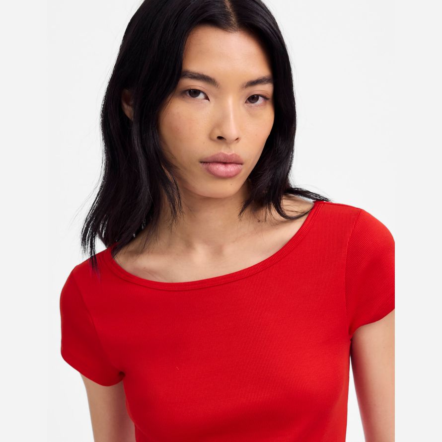 red womens madewell regenerative cotton ribbed cap-sleeve t-shirts