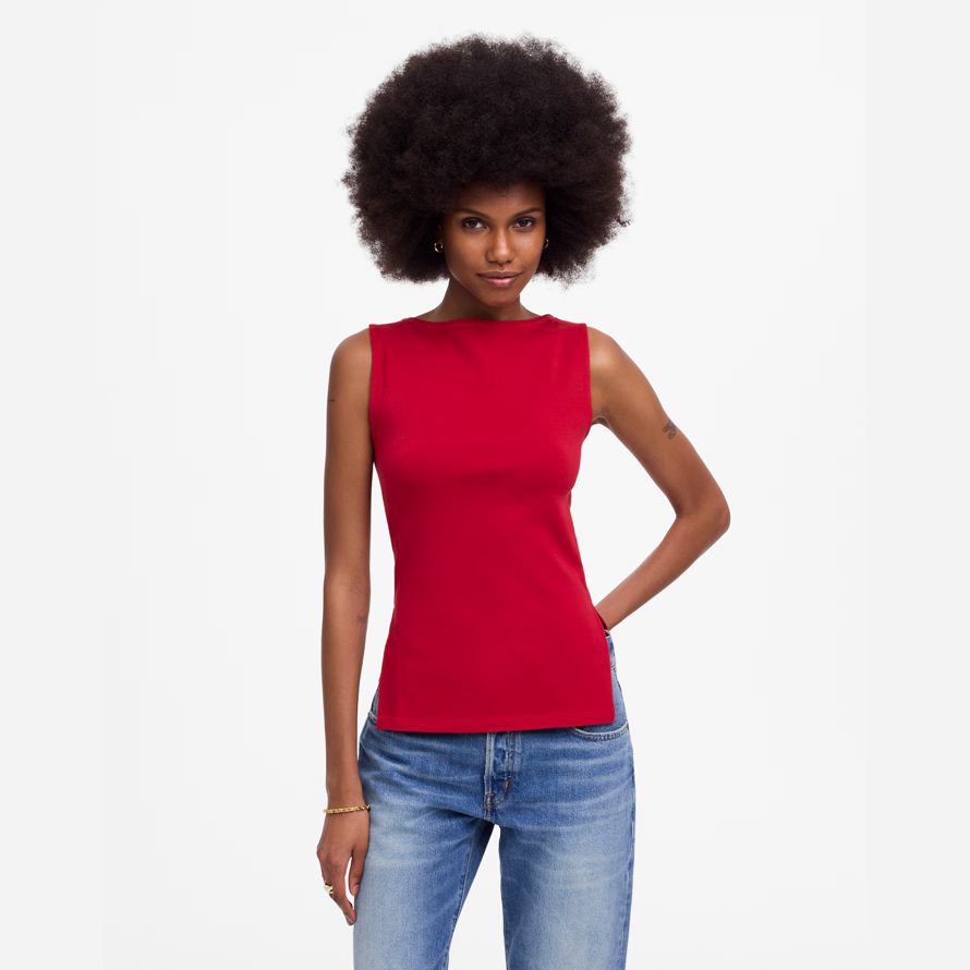 red womens madewell sleeveless boatneck side slit t-shirts