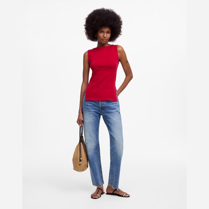 red womens madewell sleeveless boatneck side slit t-shirts