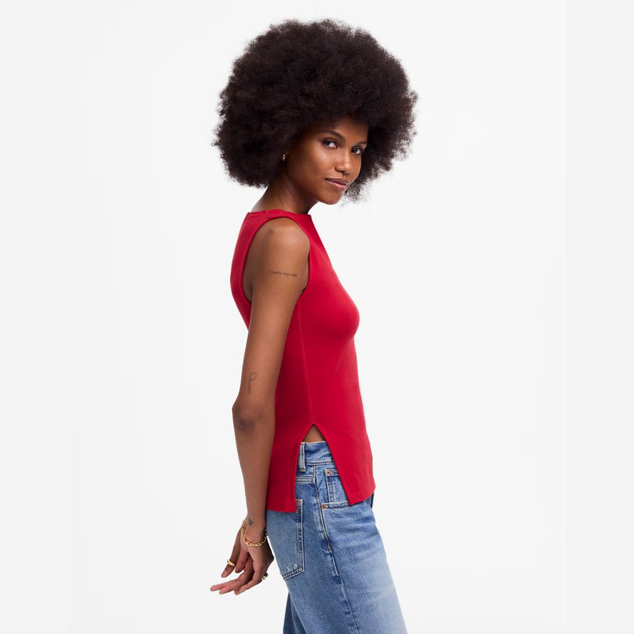 red womens madewell sleeveless boatneck side slit t-shirts