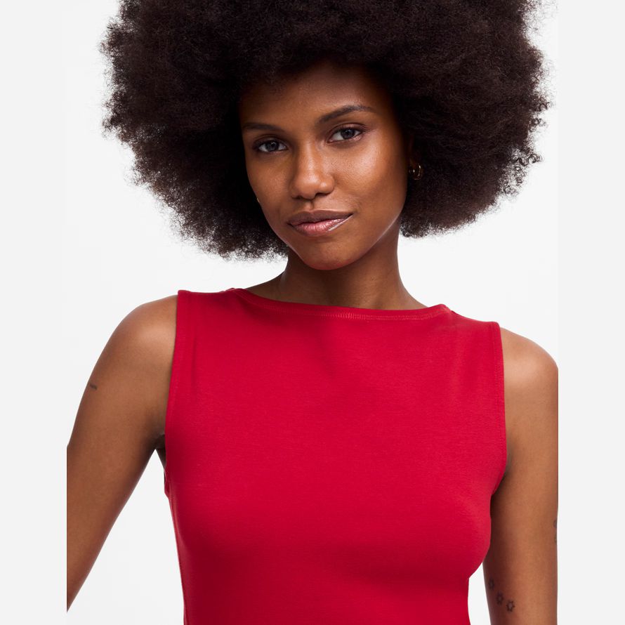 red womens madewell sleeveless boatneck side slit t-shirts
