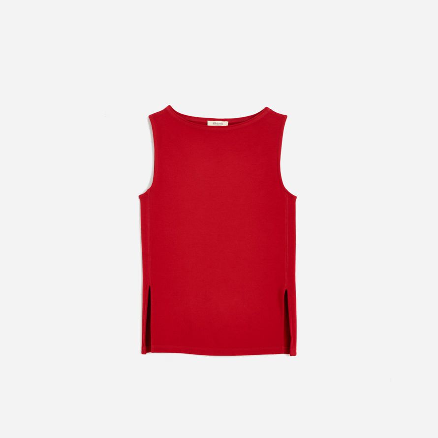 red womens madewell sleeveless boatneck side slit t-shirts