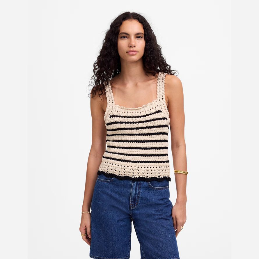 beige black womens madewell crochet-stitch cotton sweater tank