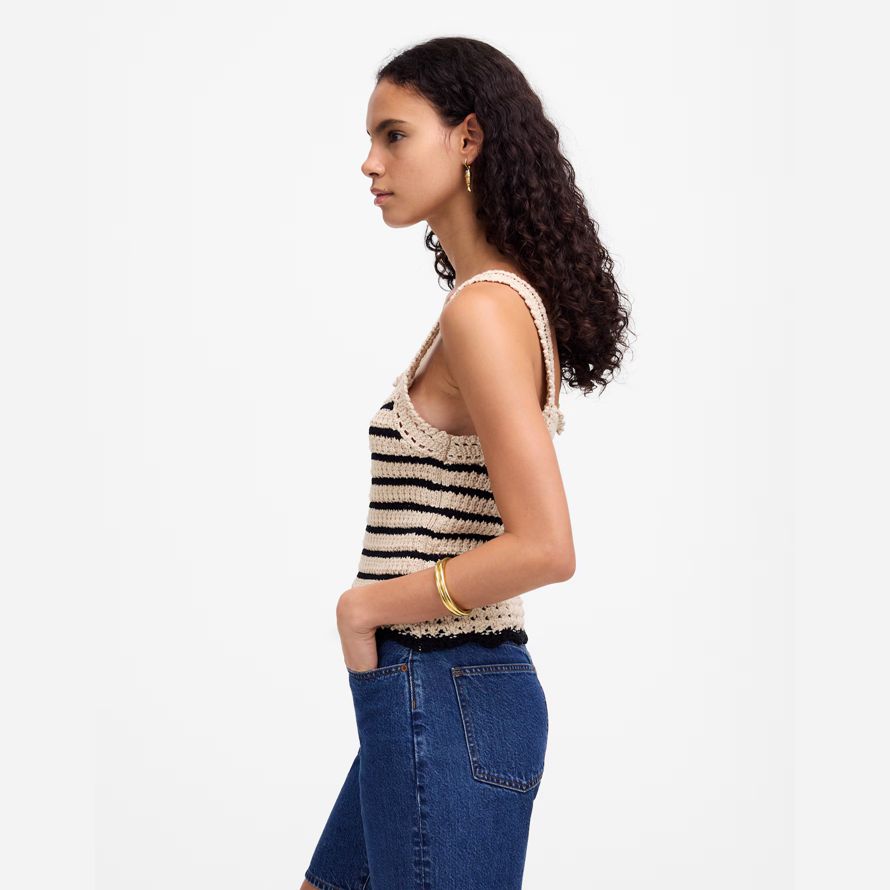 beige black womens madewell crochet-stitch cotton sweater tank