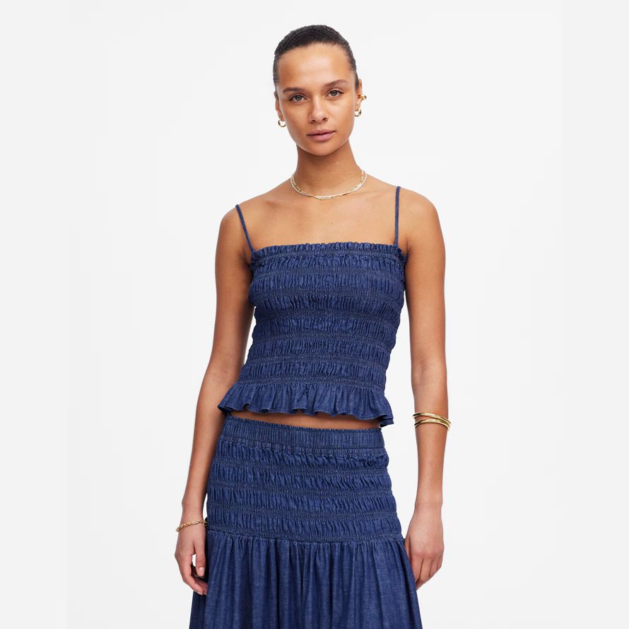 navy madewell denim smocked womens tank