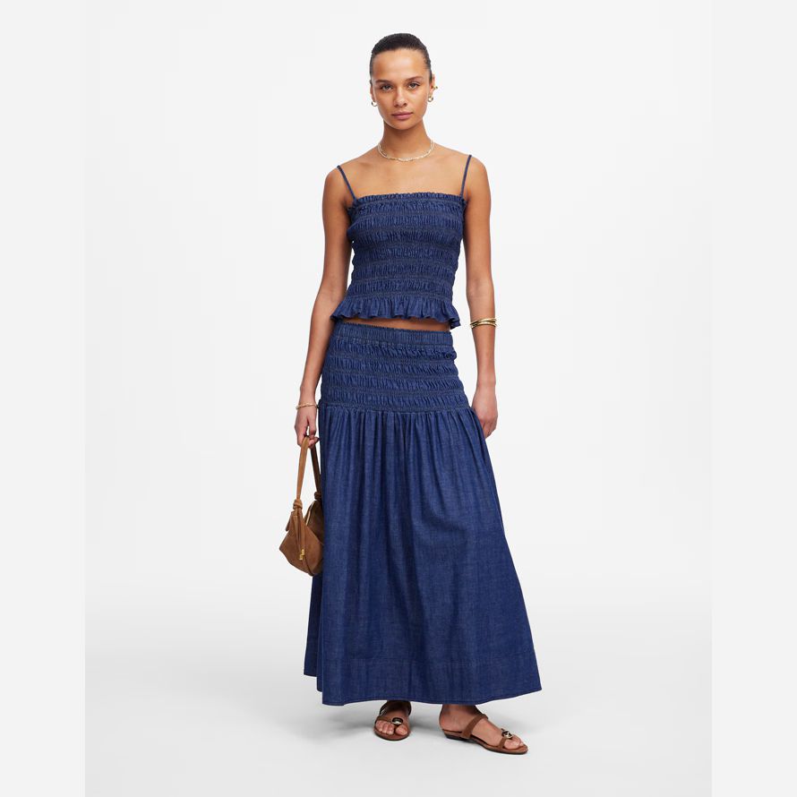 navy madewell denim smocked womens tank