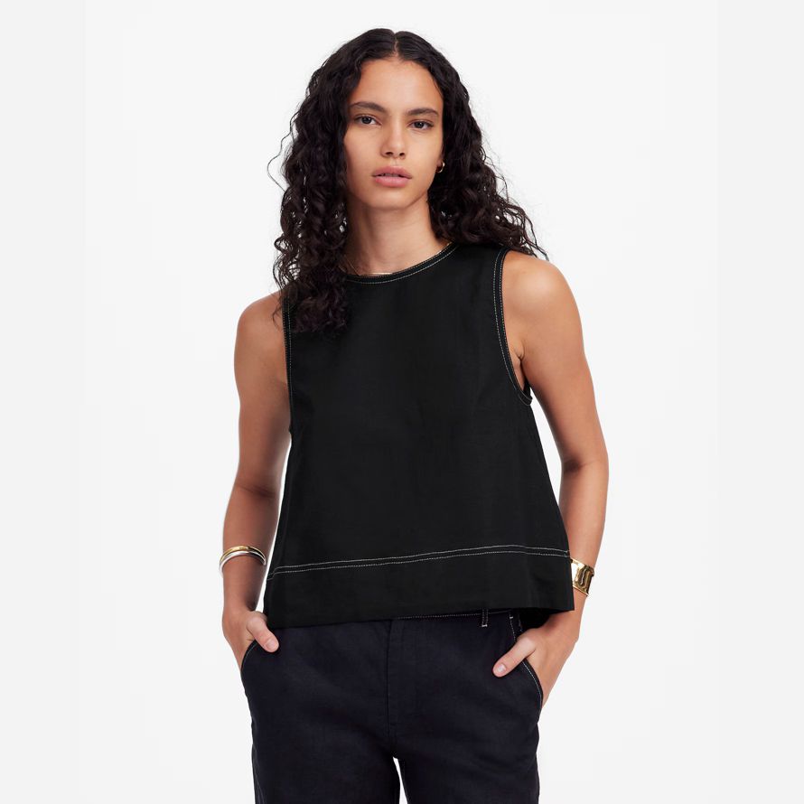 womens madewell linen pleated shell top black