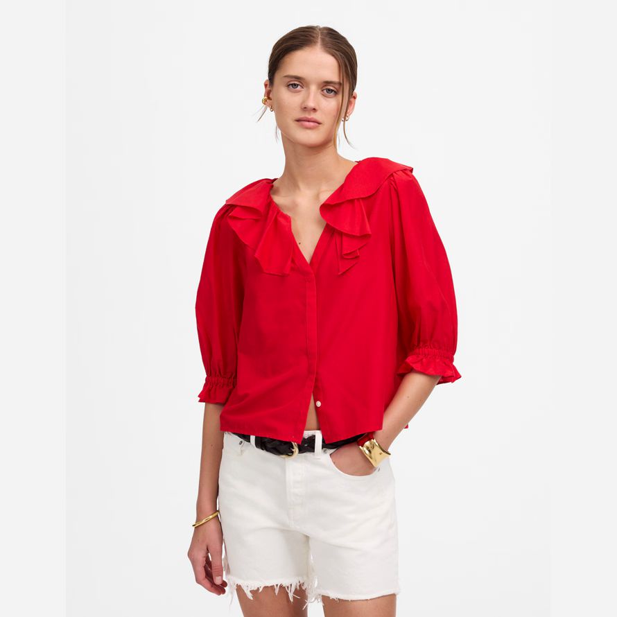 red womens madewell ruffled y-neck top