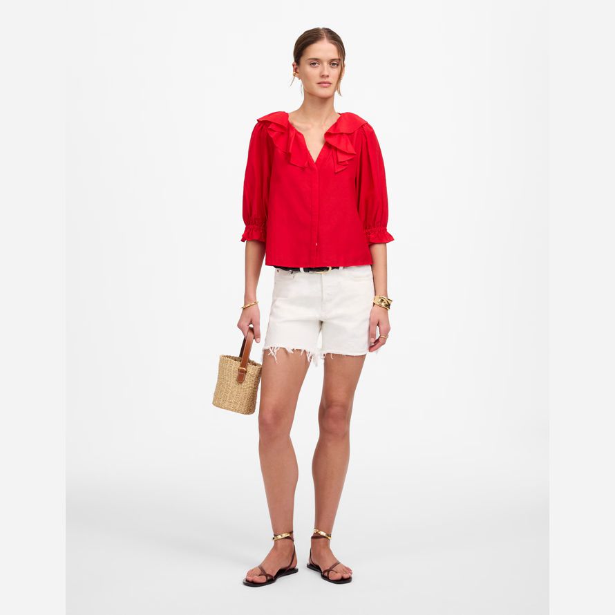 red womens madewell ruffled y-neck top