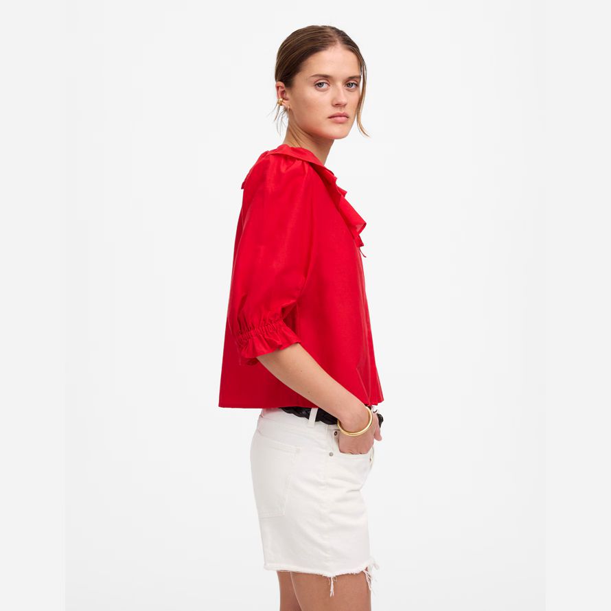 red womens madewell ruffled y-neck top