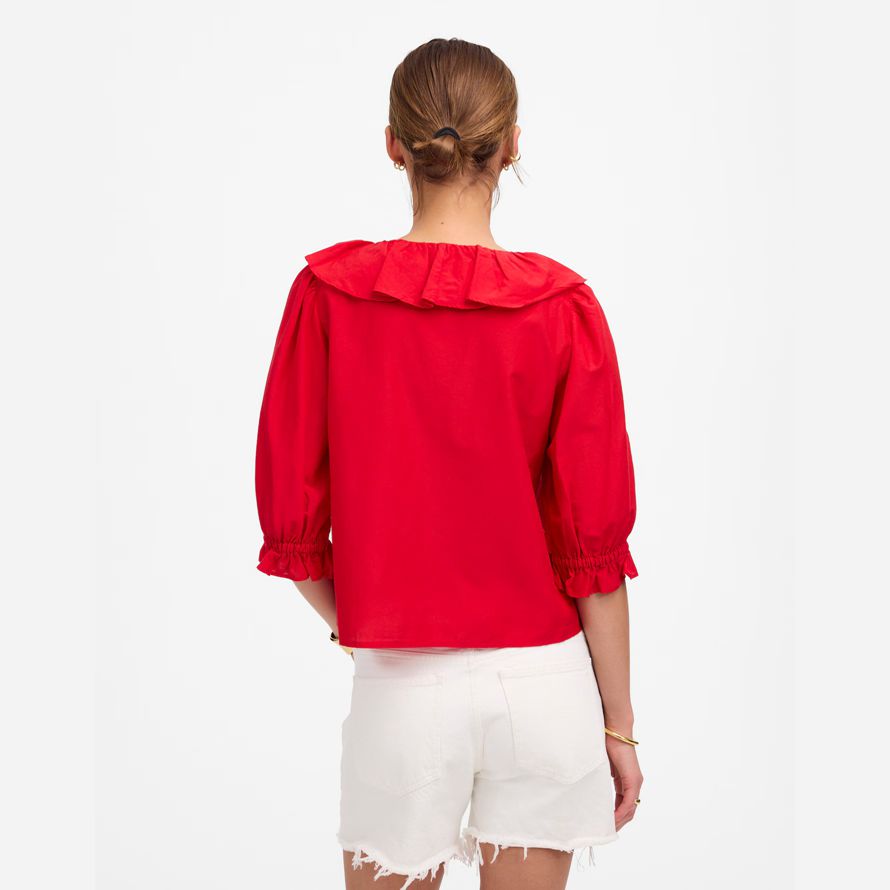 red womens madewell ruffled y-neck top