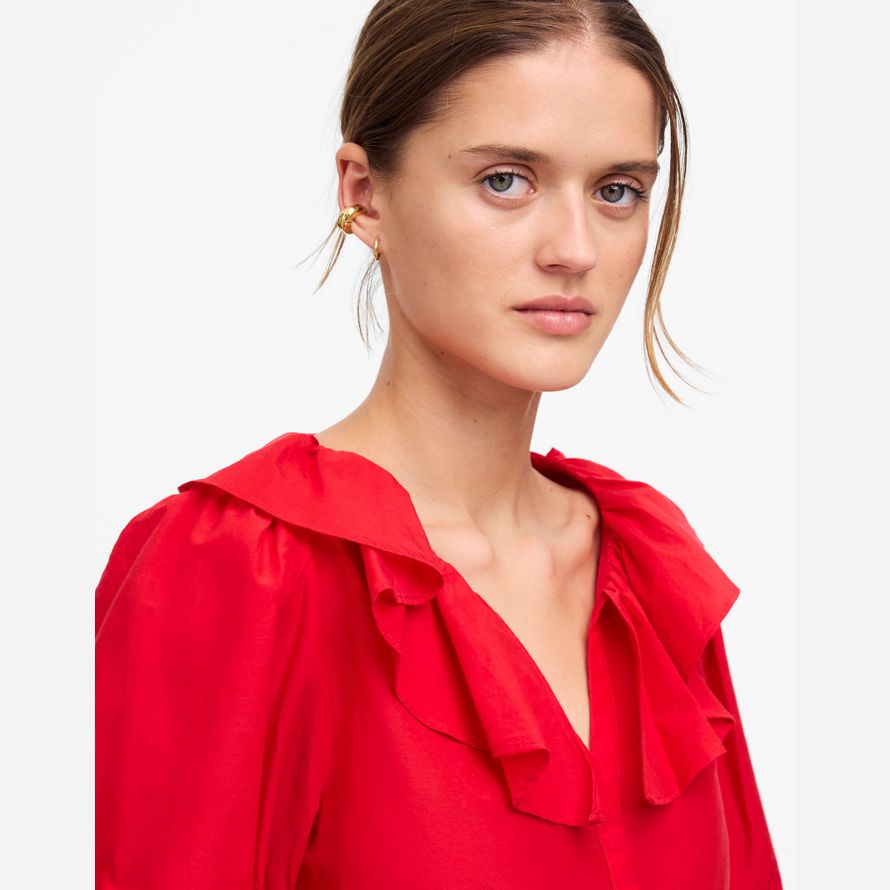 red womens madewell ruffled y-neck top
