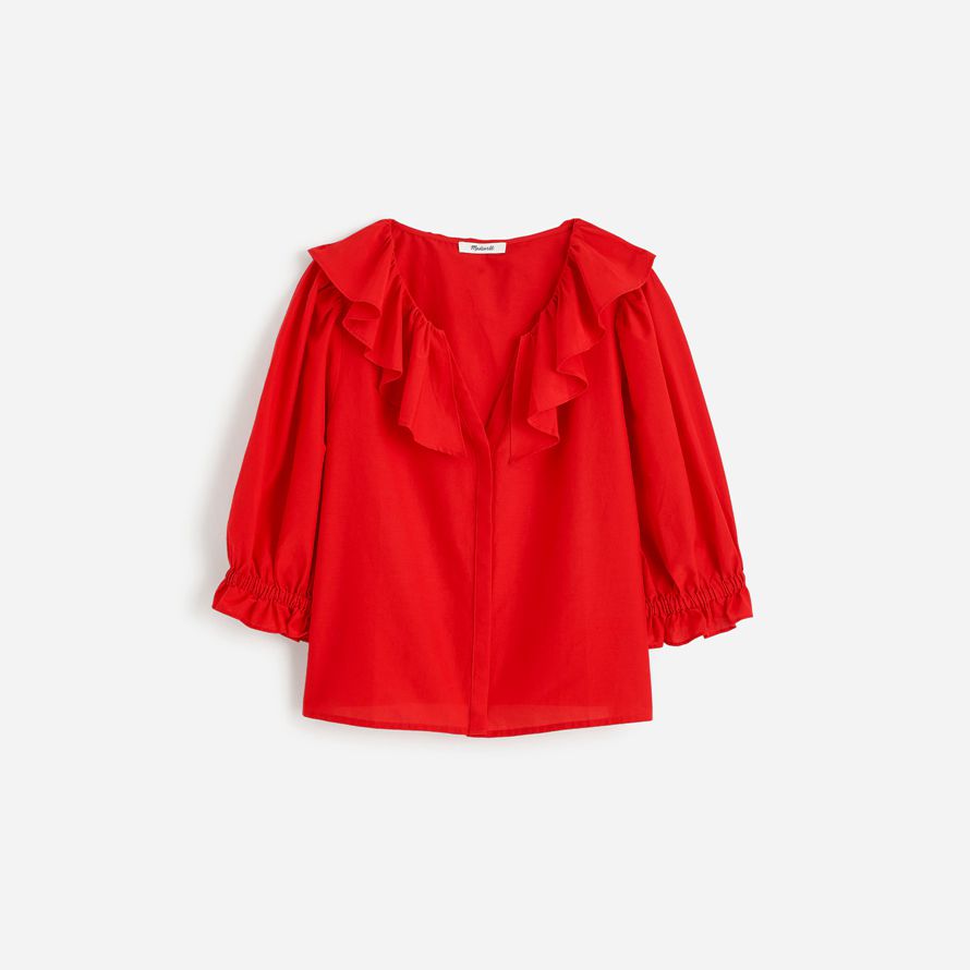 red womens madewell ruffled y-neck top