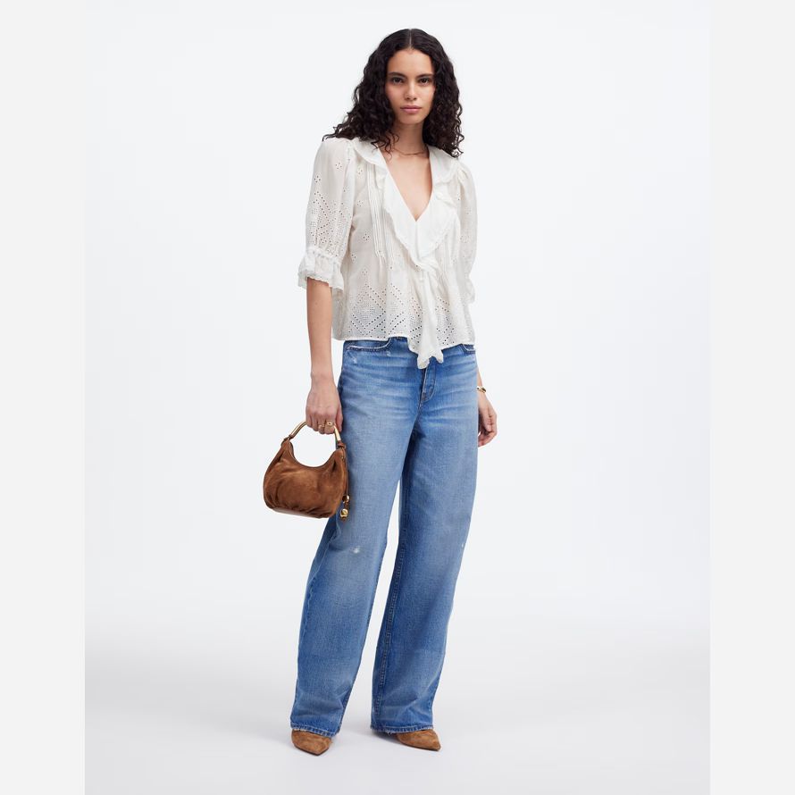 madewell ruffled puff-sleeve womens top white