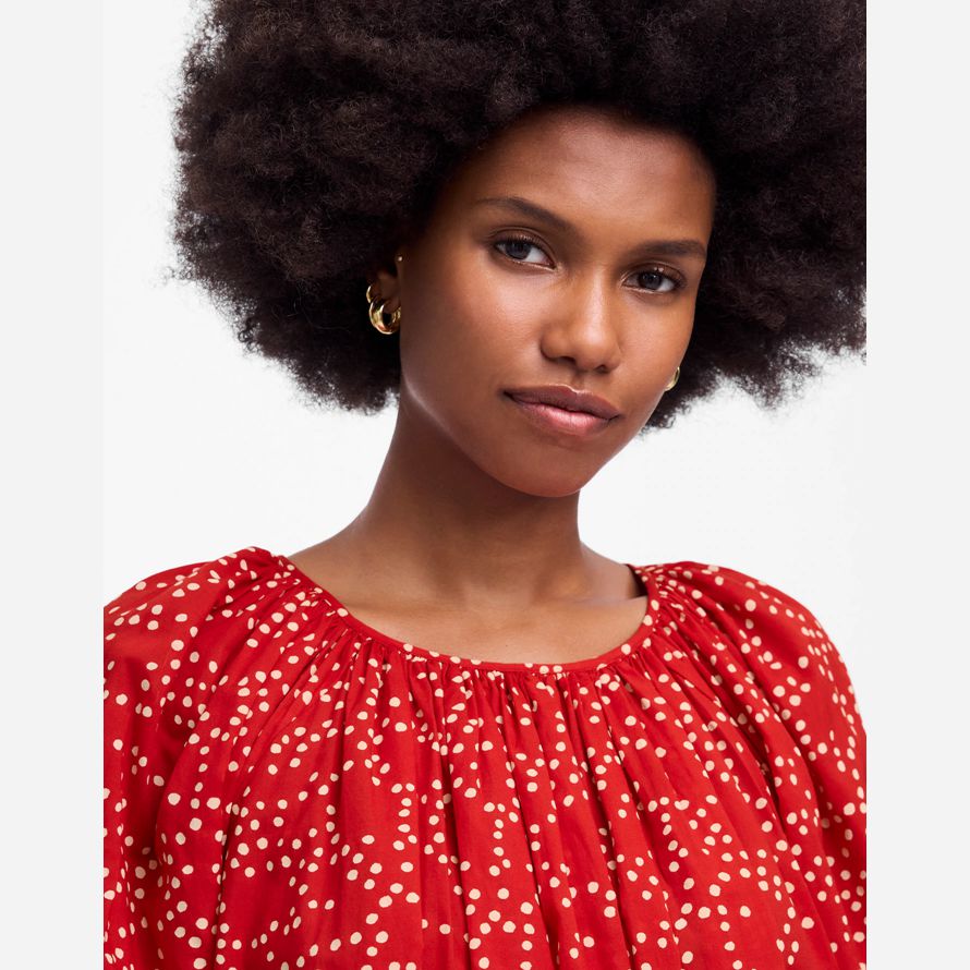 red womens madewell shirred puff-sleeve top