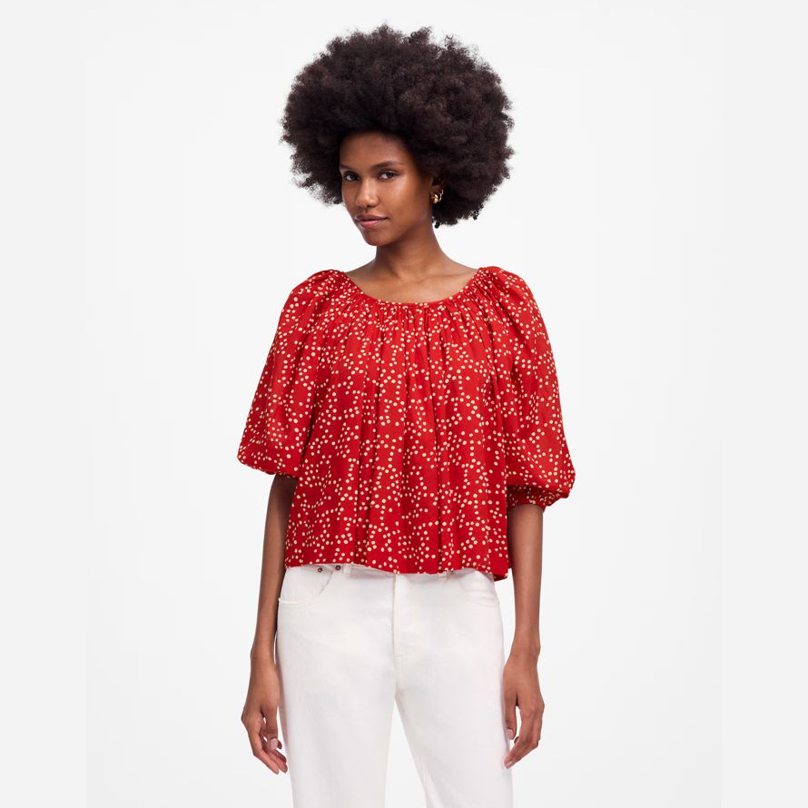 red womens madewell shirred puff-sleeve top