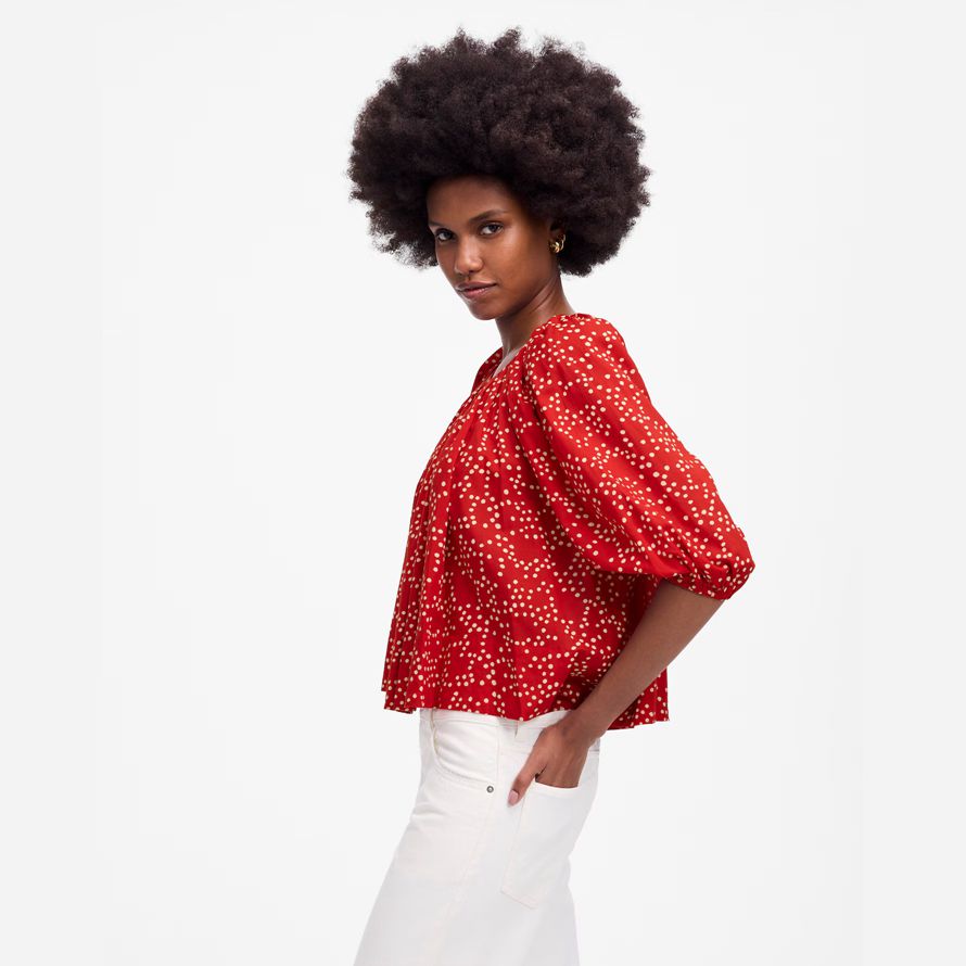 red womens madewell shirred puff-sleeve top