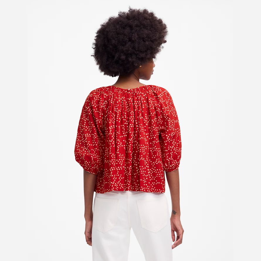 red womens madewell shirred puff-sleeve top