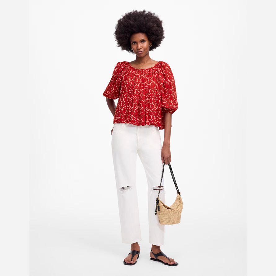 red womens madewell shirred puff-sleeve top