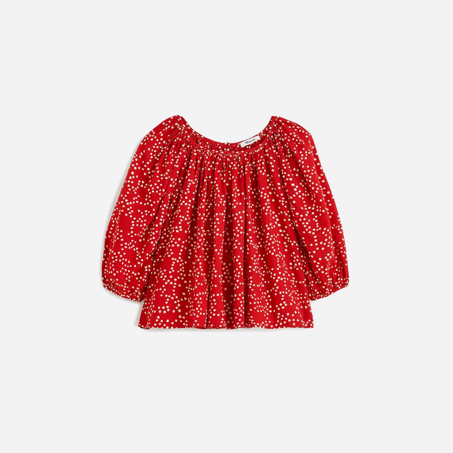 red womens madewell shirred puff-sleeve top