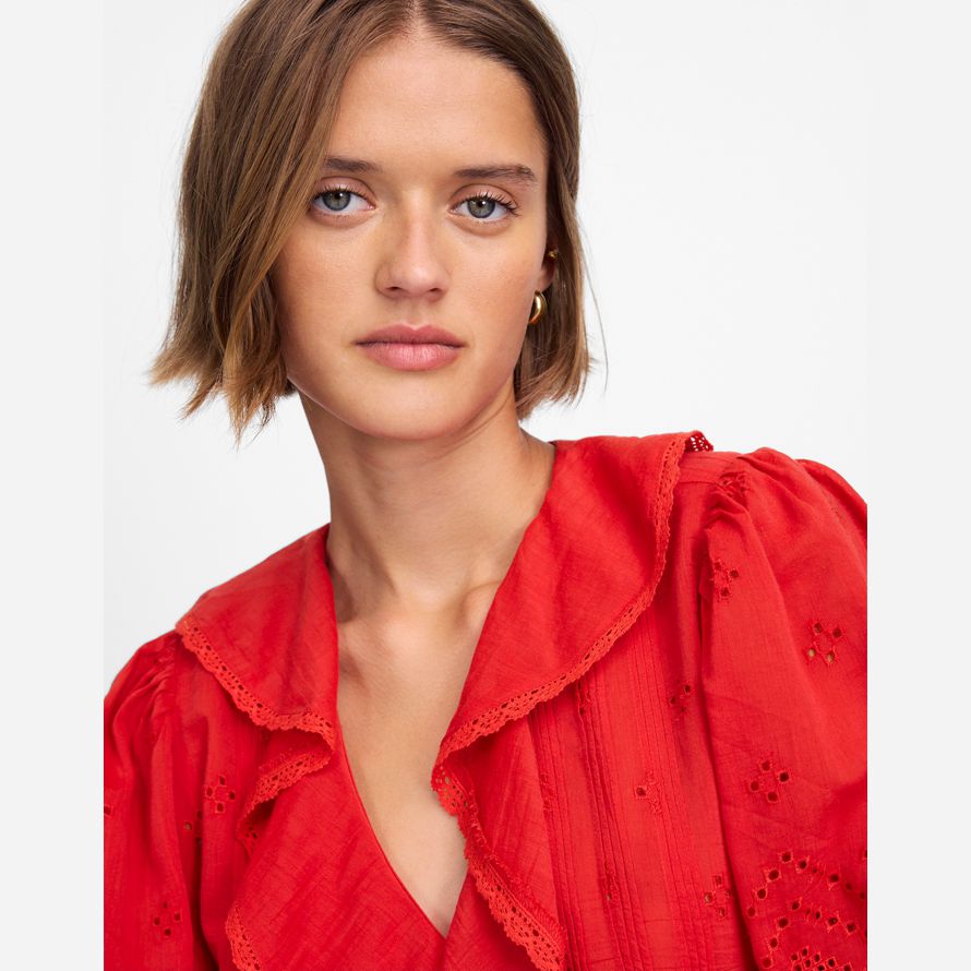red womens madewell ruffled puff-sleeve top