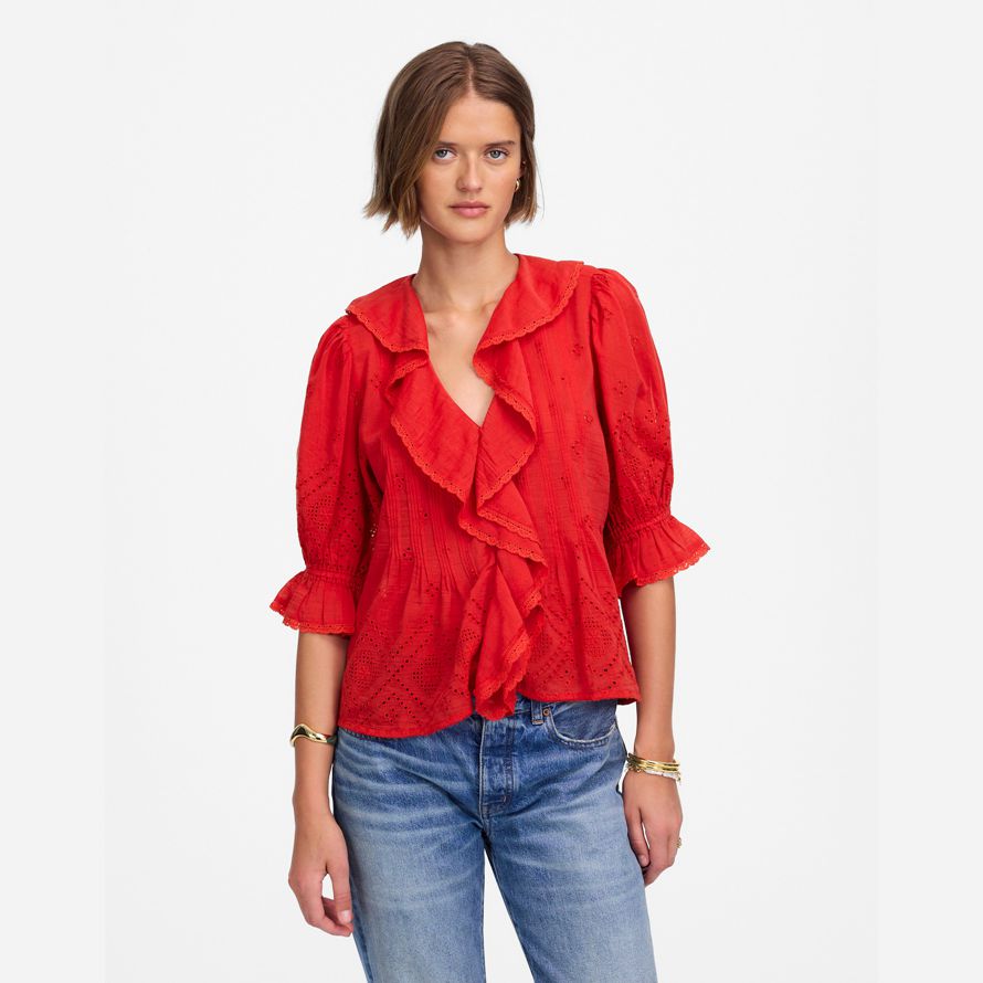 red womens madewell ruffled puff-sleeve top