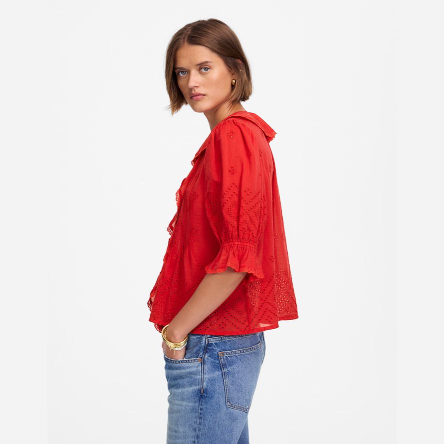 red womens madewell ruffled puff-sleeve top