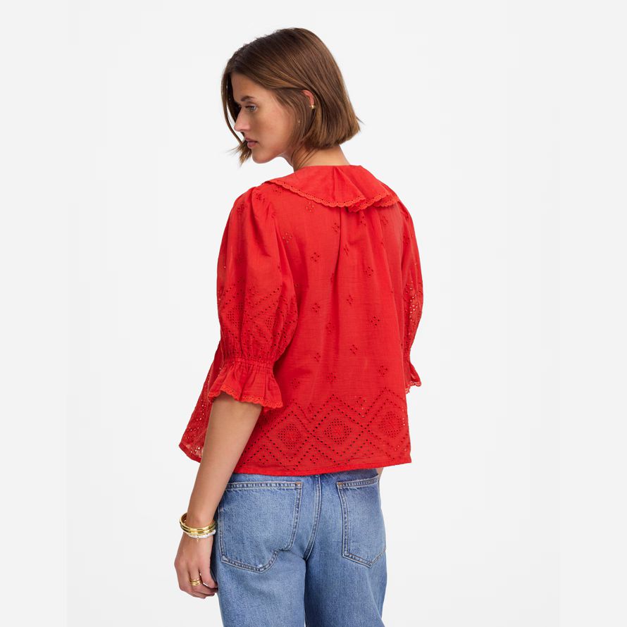 red womens madewell ruffled puff-sleeve top