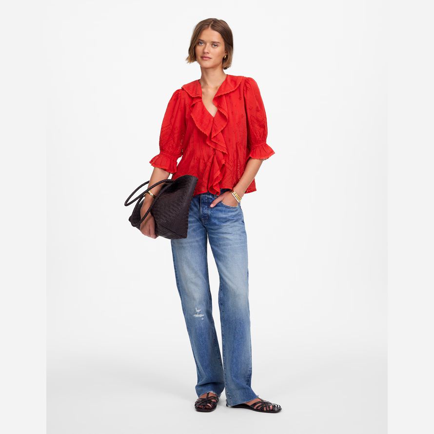 red womens madewell ruffled puff-sleeve top