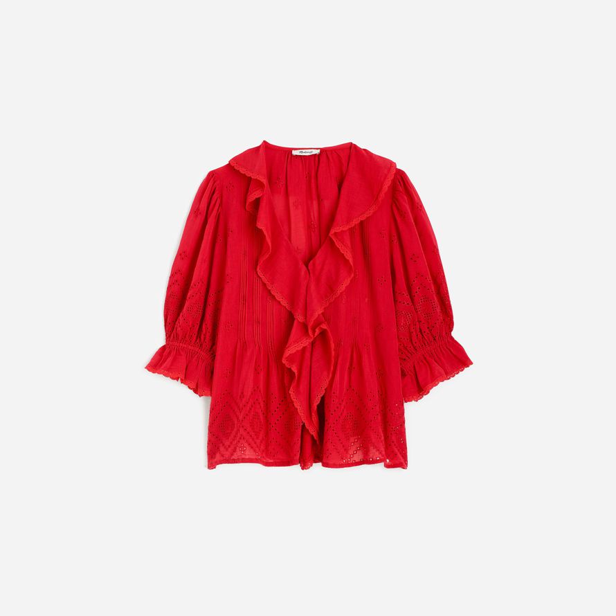 red womens madewell ruffled puff-sleeve top