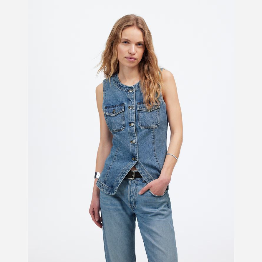 blue womens madewell denim high crewneck vest