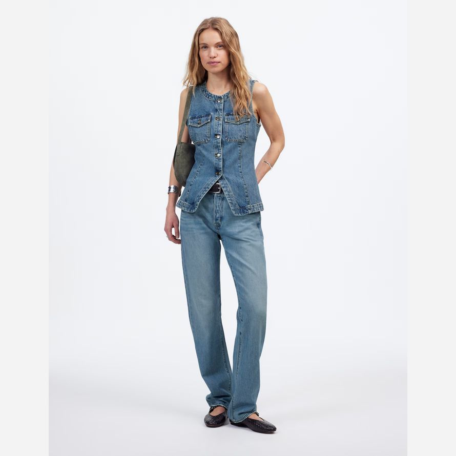 blue womens madewell denim high crewneck vest