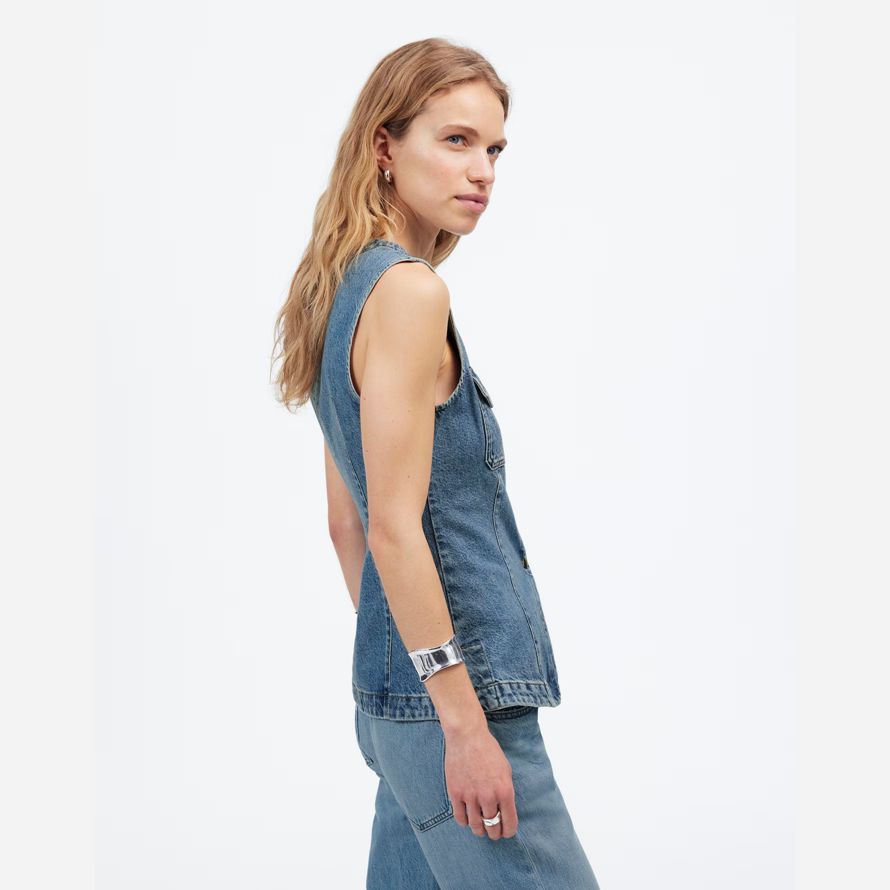 blue womens madewell denim high crewneck vest