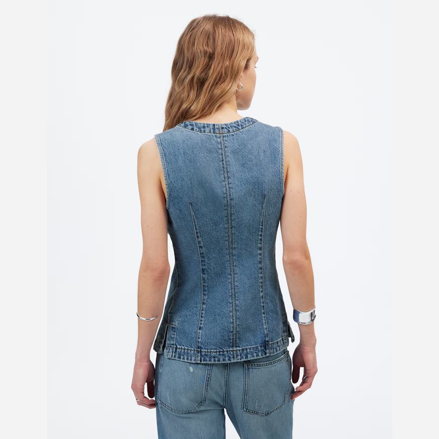 blue womens madewell denim high crewneck vest