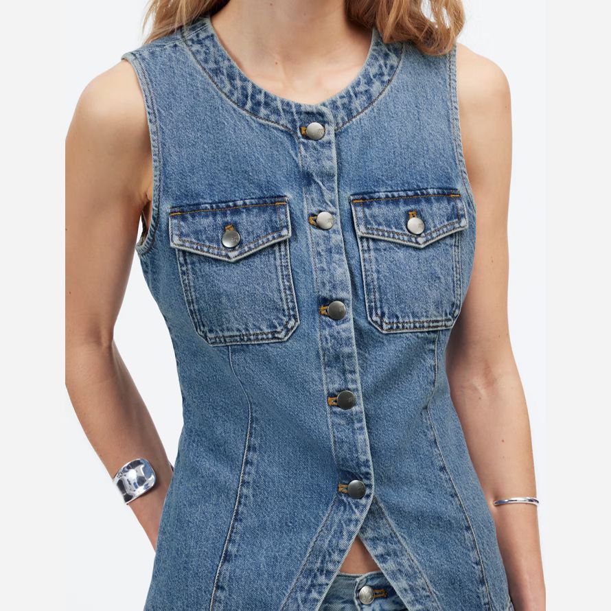 blue womens madewell denim high crewneck vest