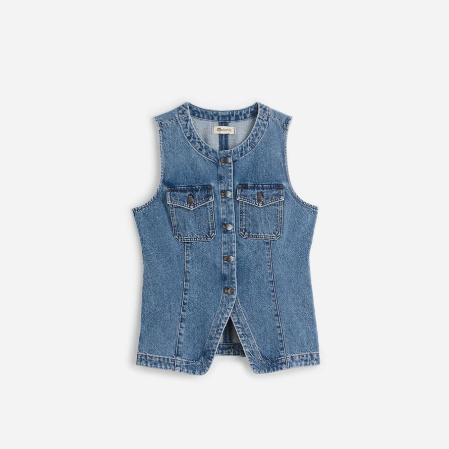 blue womens madewell denim high crewneck vest